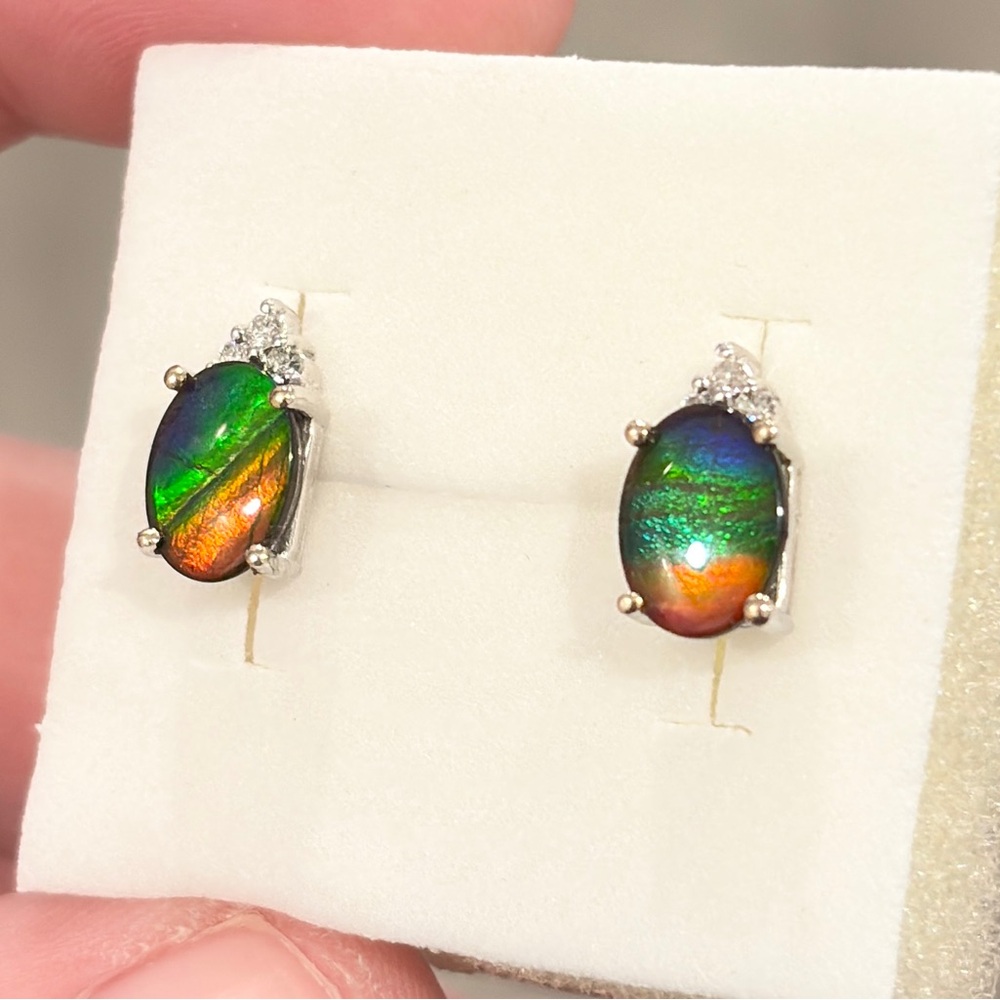 14K Ammolite Earrings Diamond Accent White Gold Rainbow AAA Oval Solitaire Studs - Picture 15 of 15